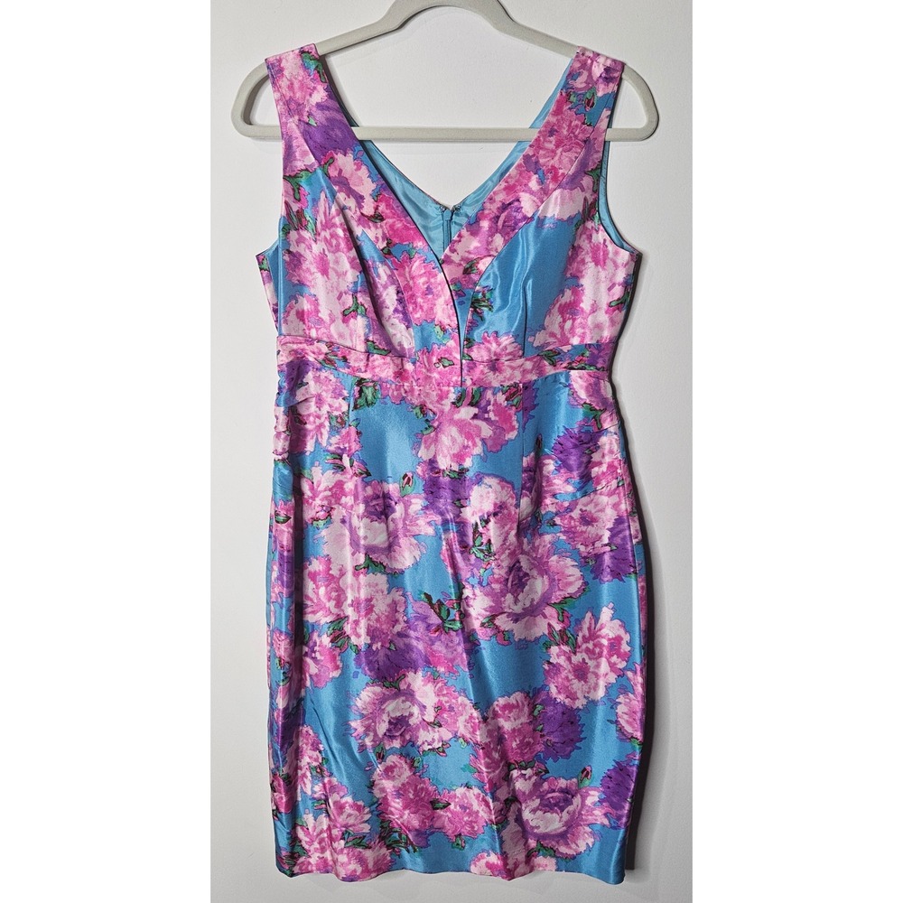 Garnet Hill Womens Blue Pink Floral Garden 100%‎ Silk V-Neck Sheath Dress Size 8